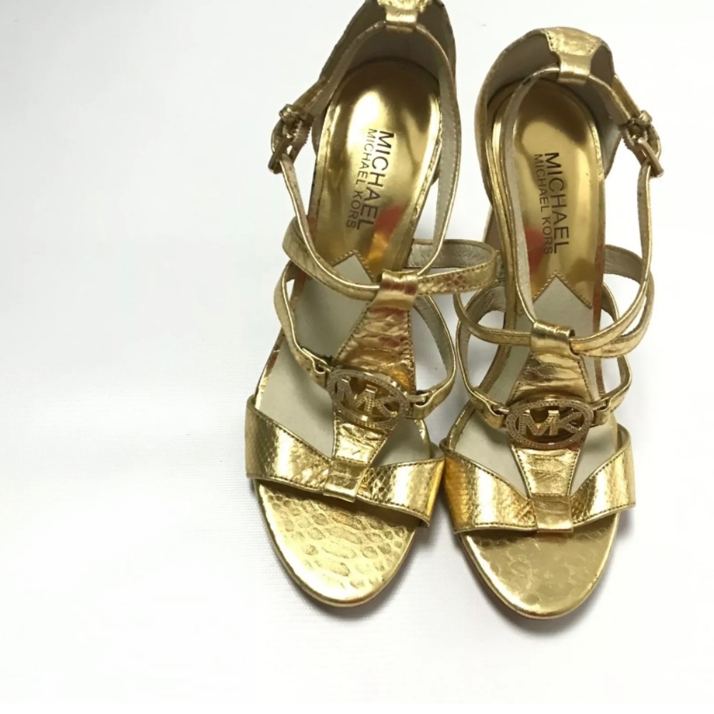 Michael Michael Kors Sandals Heels Pumps Gold Leather Size 7M Strappy